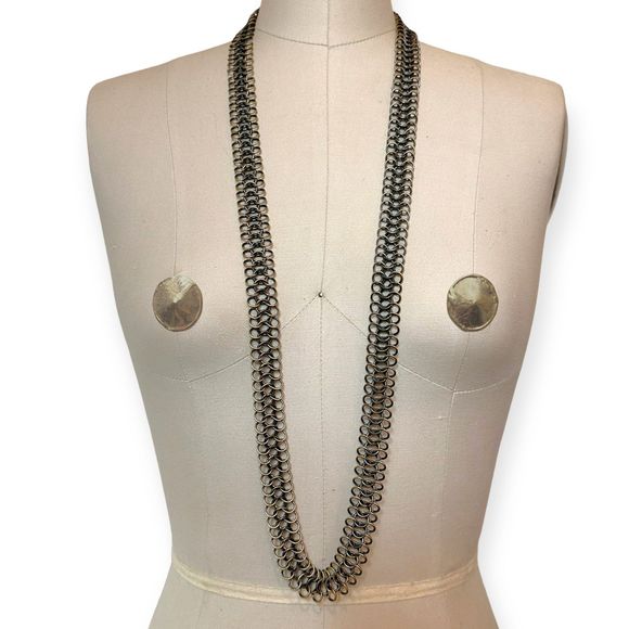Vintage Oxidized Brass Long Chainmail Chain Necklace, Unisex - Picture 7 of 8